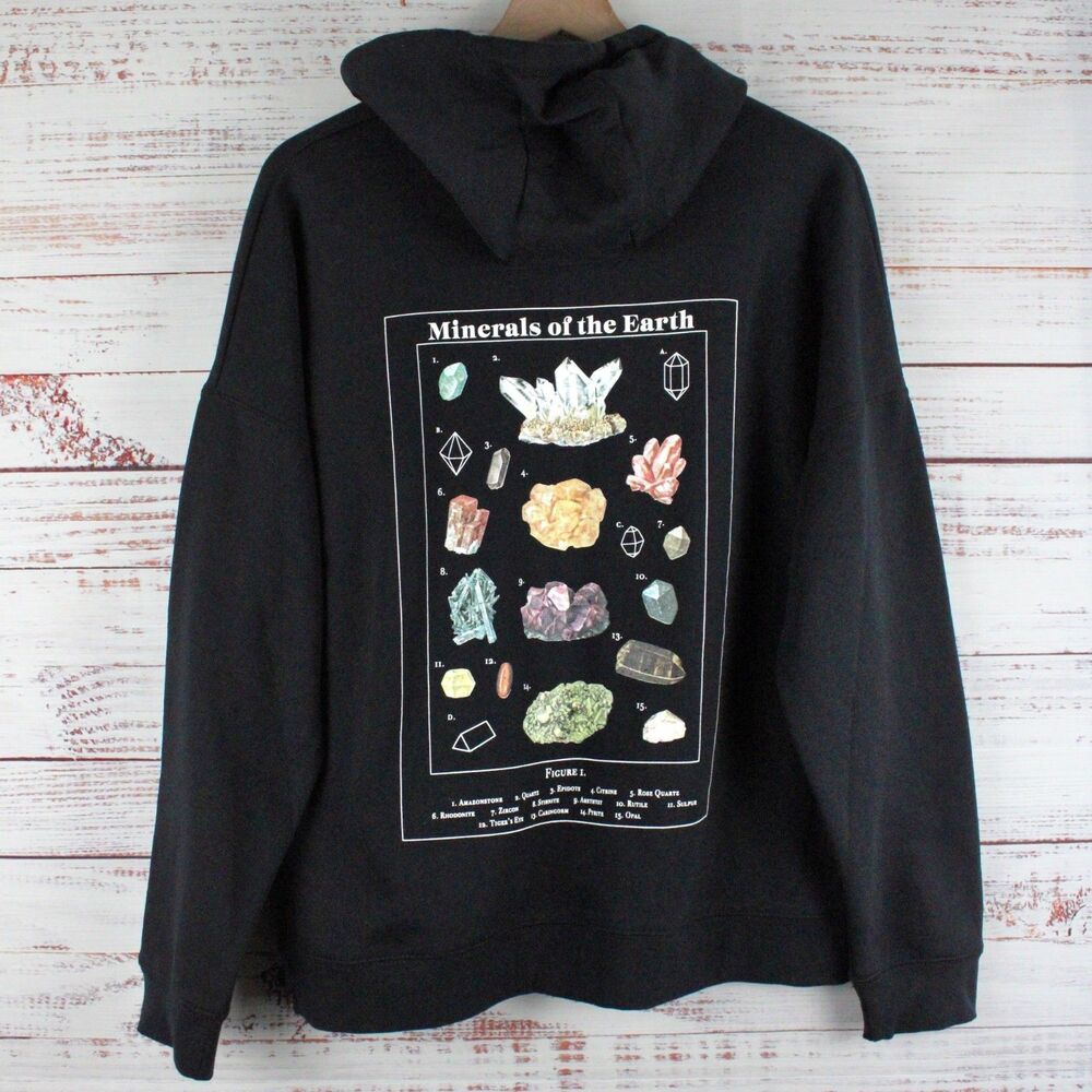 NEW Dravus Kalina Womens L Minerals Of The Earth Crystals Diagram Black Hoodie